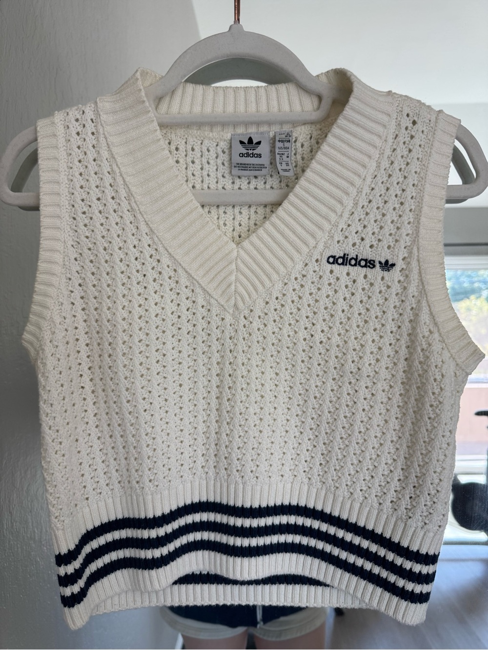 adidas Cream Knit V-Neck Sleeveless Sweater Vest with Navy Stripe